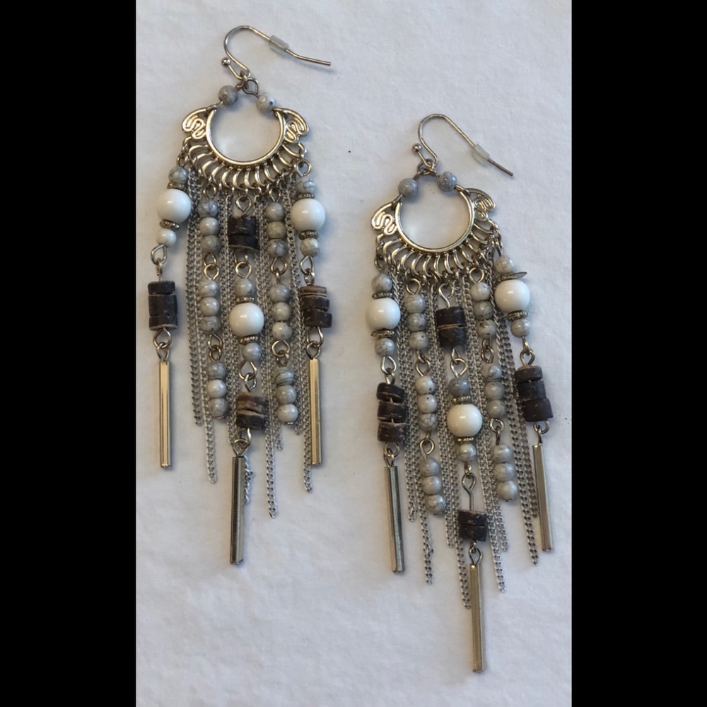Wood, white & gold beaded dangle earrings